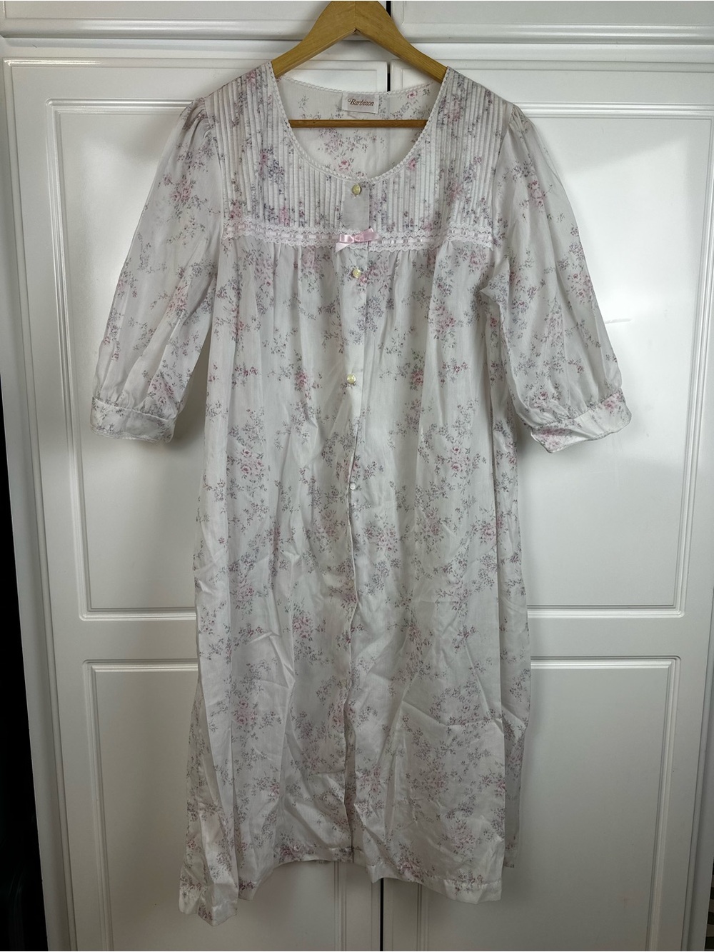 Vintage Barbizon White Nightgown with Pink Floral Trim and Buttons coquette